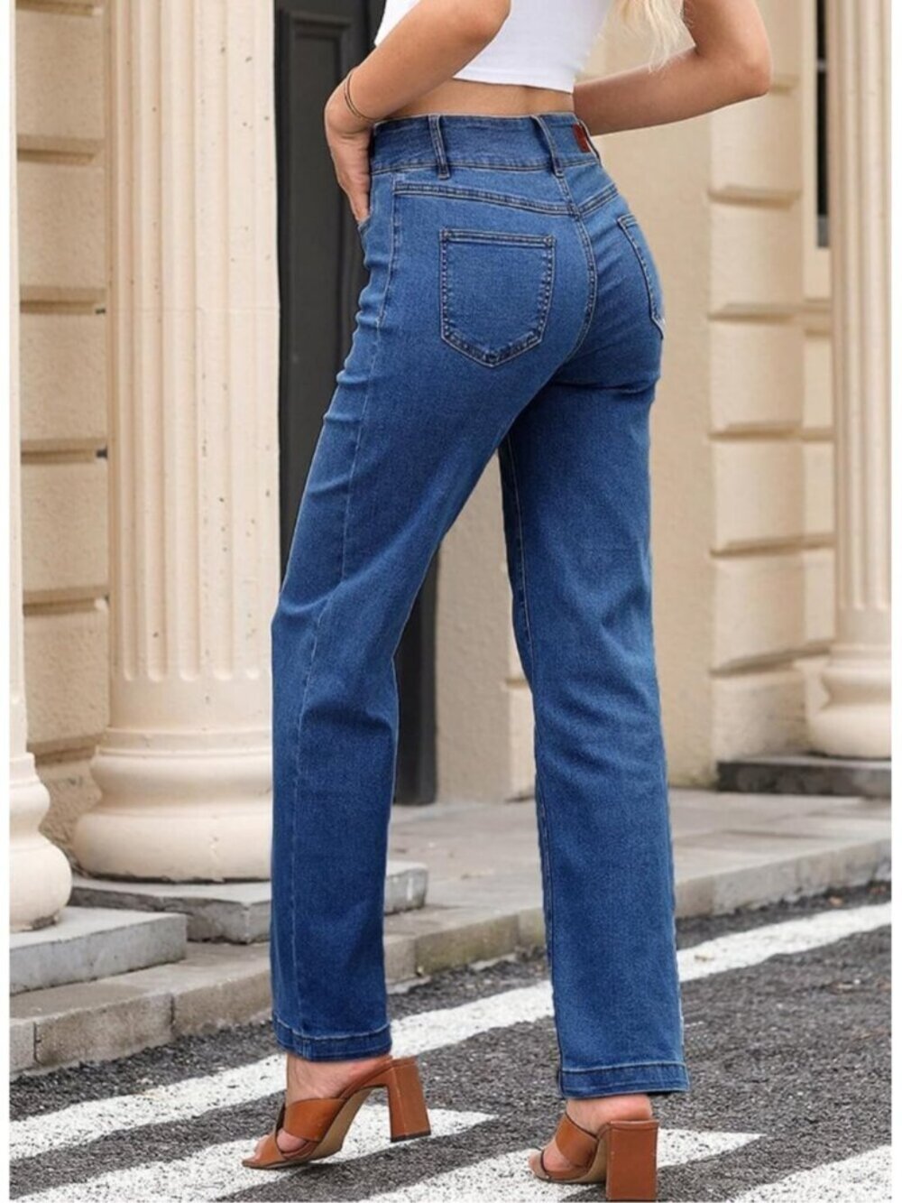 Women's Bluing High Waisted Straight Denim Pants Dual Button Leg Jeans - Picture 5 of 6